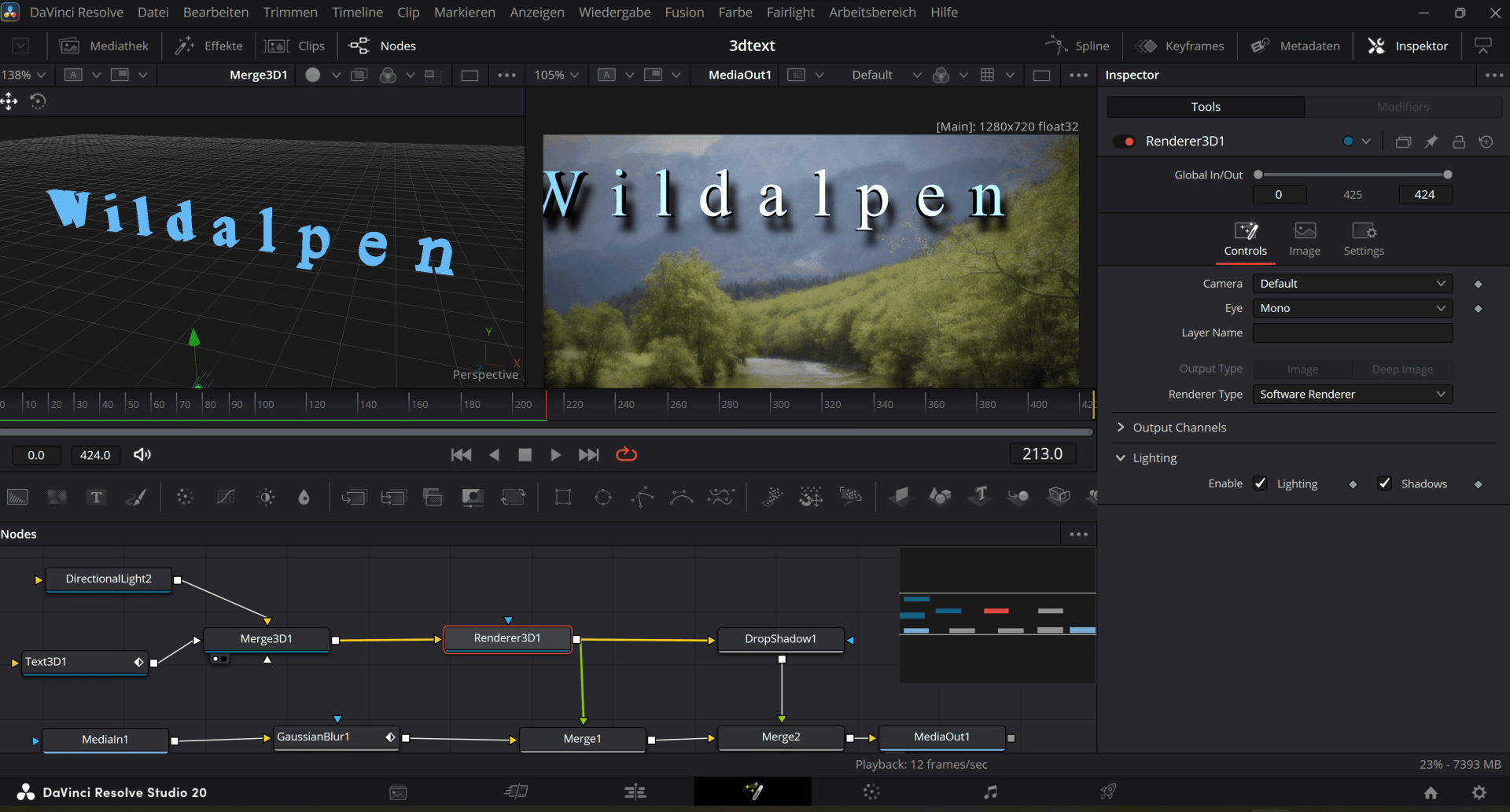 a screenshot of davinci resolve studio 20 showing a text animation project the left panel displays a 3d text effect with the word wildalpen in blue while the right panel shows a green landscape the timeline below features nodes for editing digital production A screenshot of DaVinci Resolve Studio 20 showing a text animation project. The left panel displays a 3D text effect with the word "Wildalpen" in blue, while the right panel shows a green landscape. The timeline below features nodes for editing.