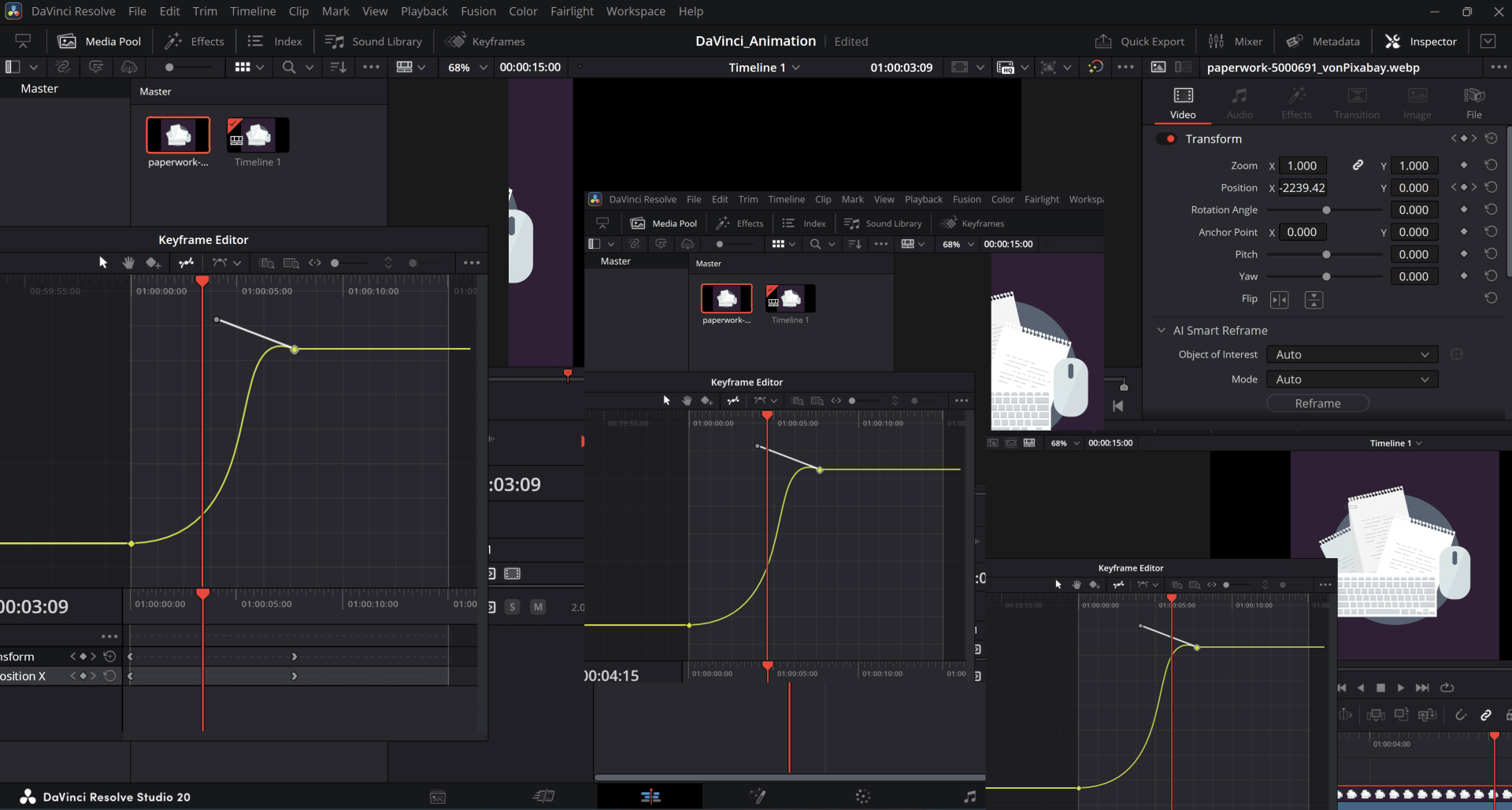 a desktop displaying multiple windows of davinci resolve studio featuring keyframe editors timelines and animation tools the dark interface contrasts with a white cup illustration showcasing a detailed animation workflow digital production A desktop displaying multiple windows of DaVinci Resolve Studio, featuring keyframe editors, timelines, and animation tools. The dark interface contrasts with a white cup illustration, showcasing a detailed animation workflow.