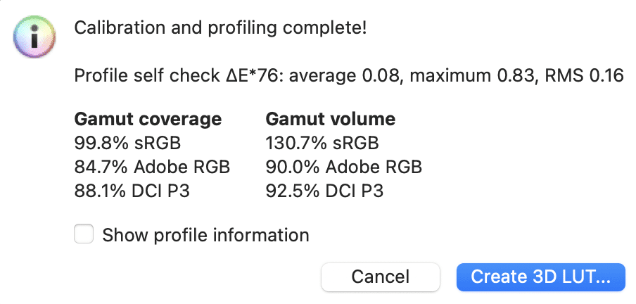 a calibration complete notification displaying gamut coverage and volume percentages for srgb adobe rgb and dci p3 color spaces digital production A calibration complete notification displaying gamut coverage and volume percentages for sRGB, Adobe RGB, and DCI P3 color spaces.