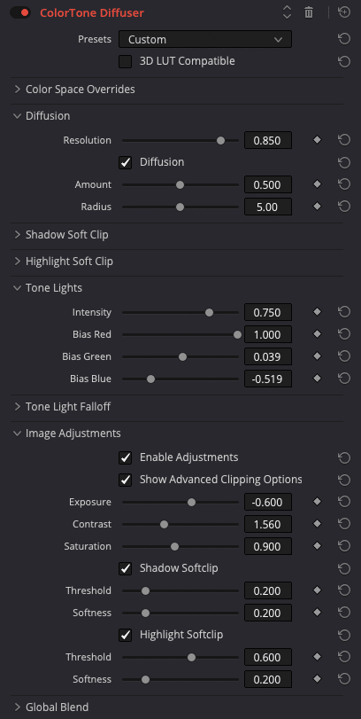 a screenshot displaying the settings of a colortone diffuser interface features include options for diffusion shadow soft clip highlight soft clip tone lights and image adjustments with various sliders and values digital production A screenshot displaying the settings of a ColorTone Diffuser interface. Features include options for Diffusion, Shadow Soft Clip, Highlight Soft Clip, Tone Lights, and Image Adjustments with various sliders and values.