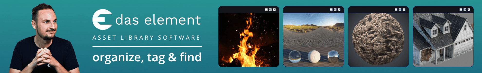 a man with short hair sits with hands clasped smiling confidently next to a collage of images showcasing fire landscapes spherical objects textures and a house model the background features the text das element asset library software digital production A man with short hair sits with hands clasped, smiling confidently next to a collage of images showcasing fire, landscapes, spherical objects, textures, and a house model. The background features the text 'das element Asset Library Software'.