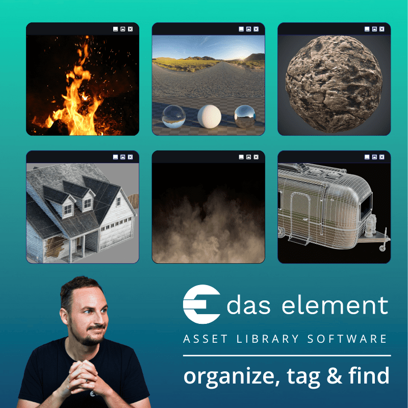 a man in a black shirt stands in front of a grid of images showcasing various assets including fire landscapes a house and a trailer the background features the logo of das element with the tagline organize tag find digital production A man in a black shirt stands in front of a grid of images showcasing various assets including fire, landscapes, a house, and a trailer. The background features the logo of 'das element' with the tagline 'organize, tag & find'.
