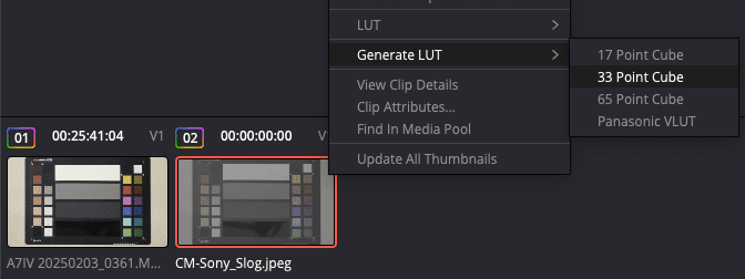 a screenshot of video editing software showing a menu with options to generate luts lookup tables options include 17 point cube 33 point cube 65 point cube and panasonic vlut two video clips are visible in the timeline with color charts displayed digital production A screenshot of video editing software showing a menu with options to generate LUTs (Look-Up Tables). Options include '17 Point Cube', '33 Point Cube', '65 Point Cube', and 'Panasonic VLUT'. Two video clips are visible in the timeline with color charts displayed.