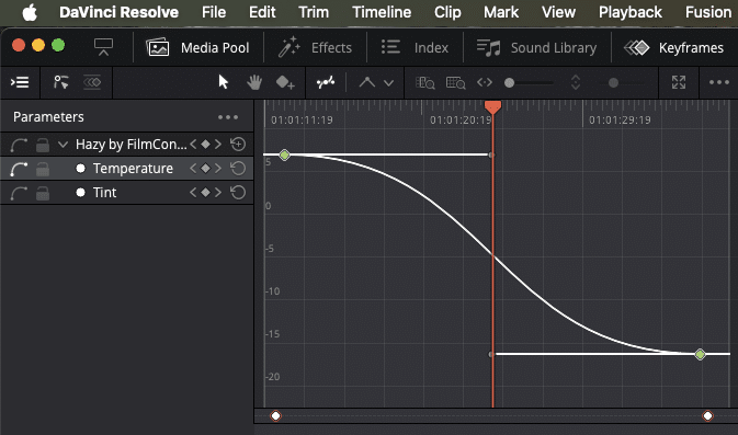 screenshot of the davinci resolve interface showing the media pool effects index and sound library the keyframes section features a graph with keyframe adjustments for temperature and tint parameters digital production Screenshot of the DaVinci Resolve interface showing the Media Pool, Effects, Index, and Sound Library. The Keyframes section features a graph with keyframe adjustments for Temperature and Tint parameters.