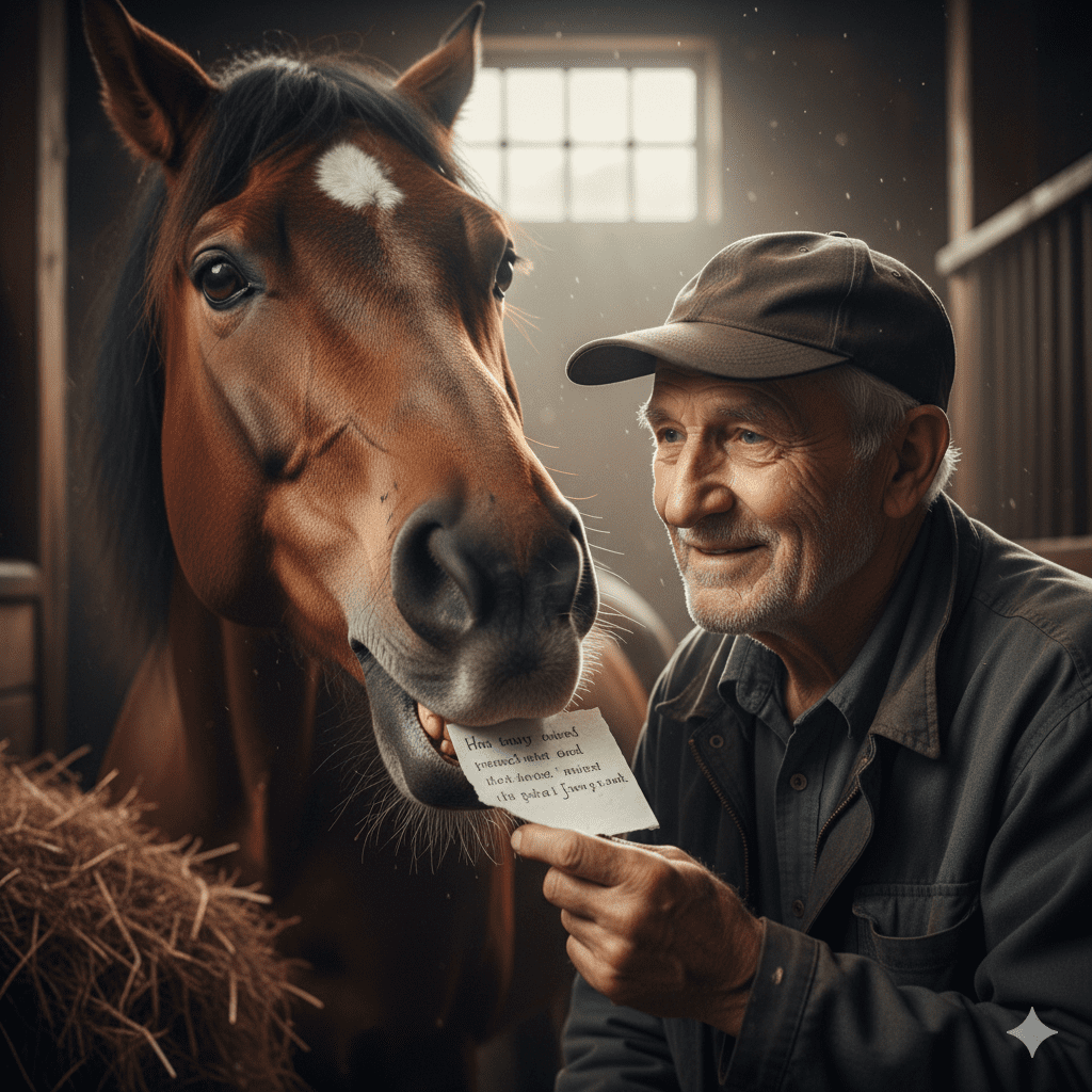 an elderly man in a cap smiles while holding a piece of paper standing next to a brown horse in a barn hay is scattered on the ground and sunlight filters through the barn window creating a warm atmosphere digital production An elderly man in a cap smiles while holding a piece of paper, standing next to a brown horse in a barn. Hay is scattered on the ground, and sunlight filters through the barn window, creating a warm atmosphere.