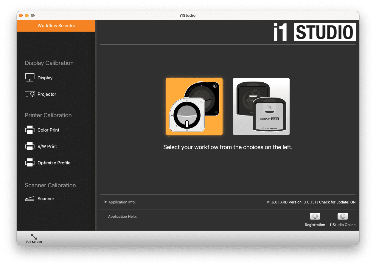 software interface of i1 studio displaying the workflow selection screen options include display printer and scanner calibration with icons for color print and bw print instructions prompt to select a workflow from the left digital production Software interface of i1 Studio displaying the workflow selection screen. Options include Display, Printer, and Scanner Calibration with icons for Color Print and B/W Print. Instructions prompt to select a workflow from the left.