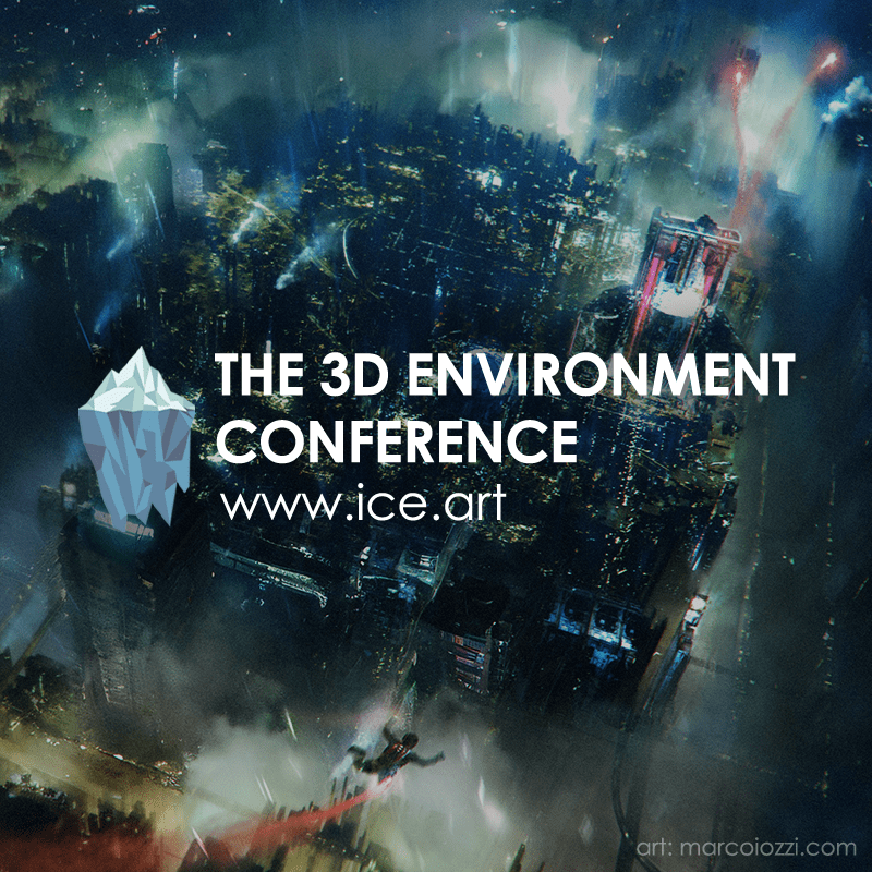 a digital artwork depicting a futuristic cityscape illuminated by colorful lights featuring a prominent logo of a crystal ice structure text overlays announce the 3d environment conference and the website wwwiceart digital production A digital artwork depicting a futuristic cityscape illuminated by colorful lights, featuring a prominent logo of a crystal ice structure. Text overlays announce 'THE 3D ENVIRONMENT CONFERENCE' and the website 'www.ice.art'.