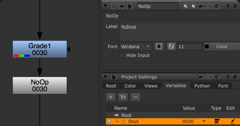a software interface showing a flowchart with nodes labeled grade1 and noop the grade1 node is highlighted in blue and the noop node is gray on the right the project settings panel displays options for modifying font and values digital production A software interface showing a flowchart with nodes labeled 'Grade1' and 'NoOp.' The 'Grade1' node is highlighted in blue, and the 'NoOp' node is gray. On the right, the project settings panel displays options for modifying font and values.