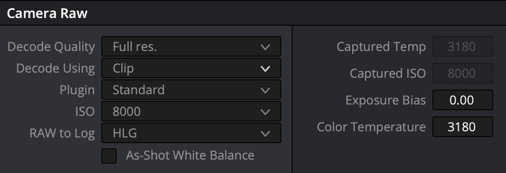 a screenshot of a digital editing software interface displaying the camera raw settings options for decode quality decode using plugin iso and color temperature are visible with various numerical values filled in digital production A screenshot of a digital editing software interface displaying the 'Camera Raw' settings. Options for Decode Quality, Decode Using, Plugin, ISO, and Color Temperature are visible, with various numerical values filled in.