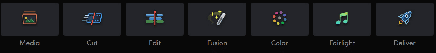 a user interface toolbar displaying icons for different video editing functions media cut edit fusion color fairlight and deliver set against a dark background digital production A user interface toolbar displaying icons for different video editing functions: Media, Cut, Edit, Fusion, Color, Fairlight, and Deliver, set against a dark background.