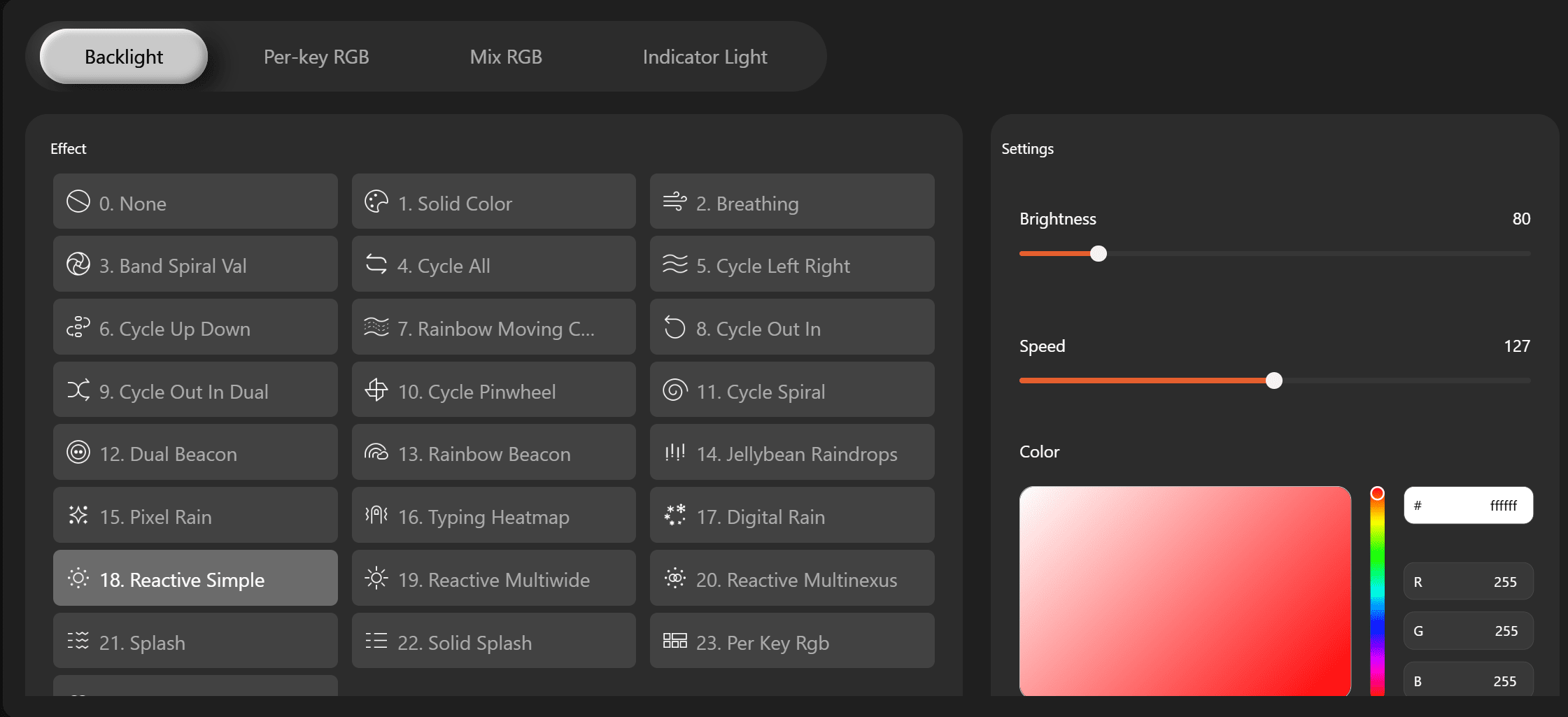 a digital interface featuring various backlight effects options for a keyboard the left side displays different effect types while the right side contains settings for brightness speed and color selection all set against a dark background digital production A digital interface featuring various backlight effects options for a keyboard. The left side displays different effect types, while the right side contains settings for brightness, speed, and color selection, all set against a dark background.