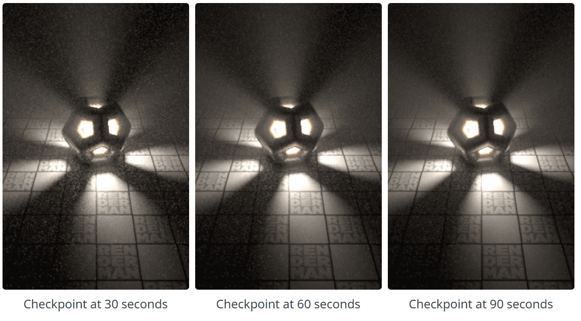 three images side by side showing different stages of lighting from a geometric object each checkpoint at 30 60 and 90 seconds illustrates increasing brightness and clarity with shadows cast on a patterned surface digital production Three images side by side showing different stages of lighting from a geometric object. Each checkpoint at 30, 60, and 90 seconds illustrates increasing brightness and clarity, with shadows cast on a patterned surface.