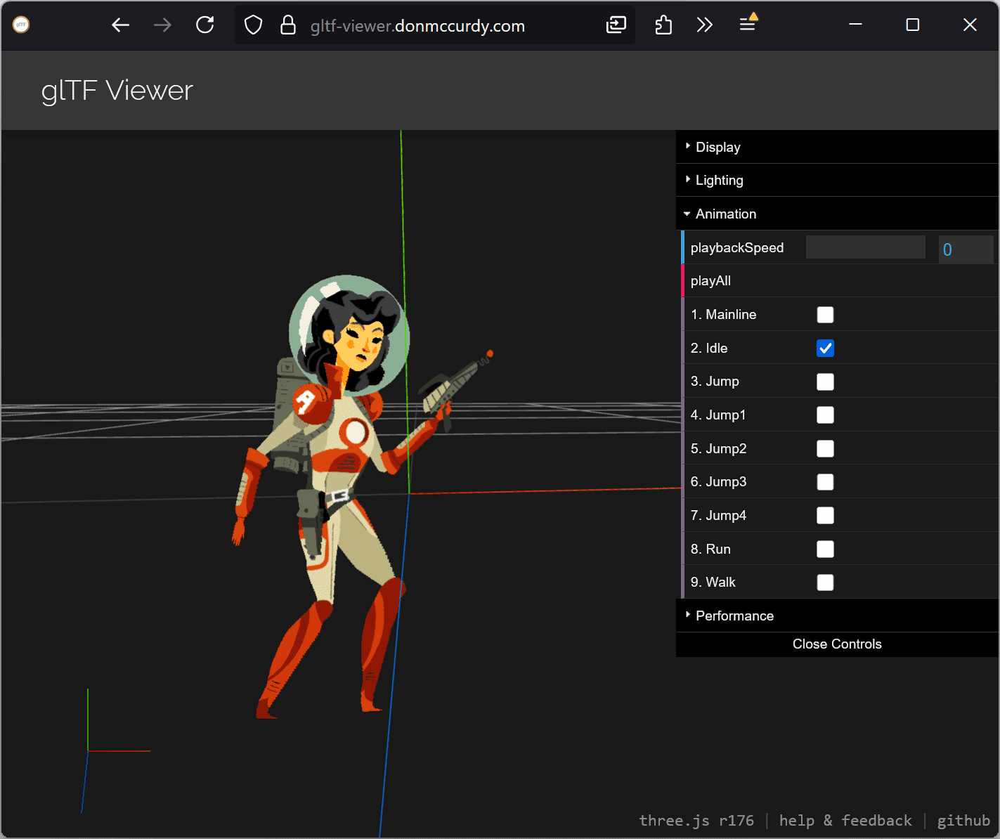 a female character in a futuristic space suit holding a weapon depicted in a 3d viewer interface the background shows a grid layout with coordinate axes and an animation panel on the right side displays various motion options digital production https://cdn.shopify.com/s/files/1/0552/8741/4966/files/image43.png?v=1762773703