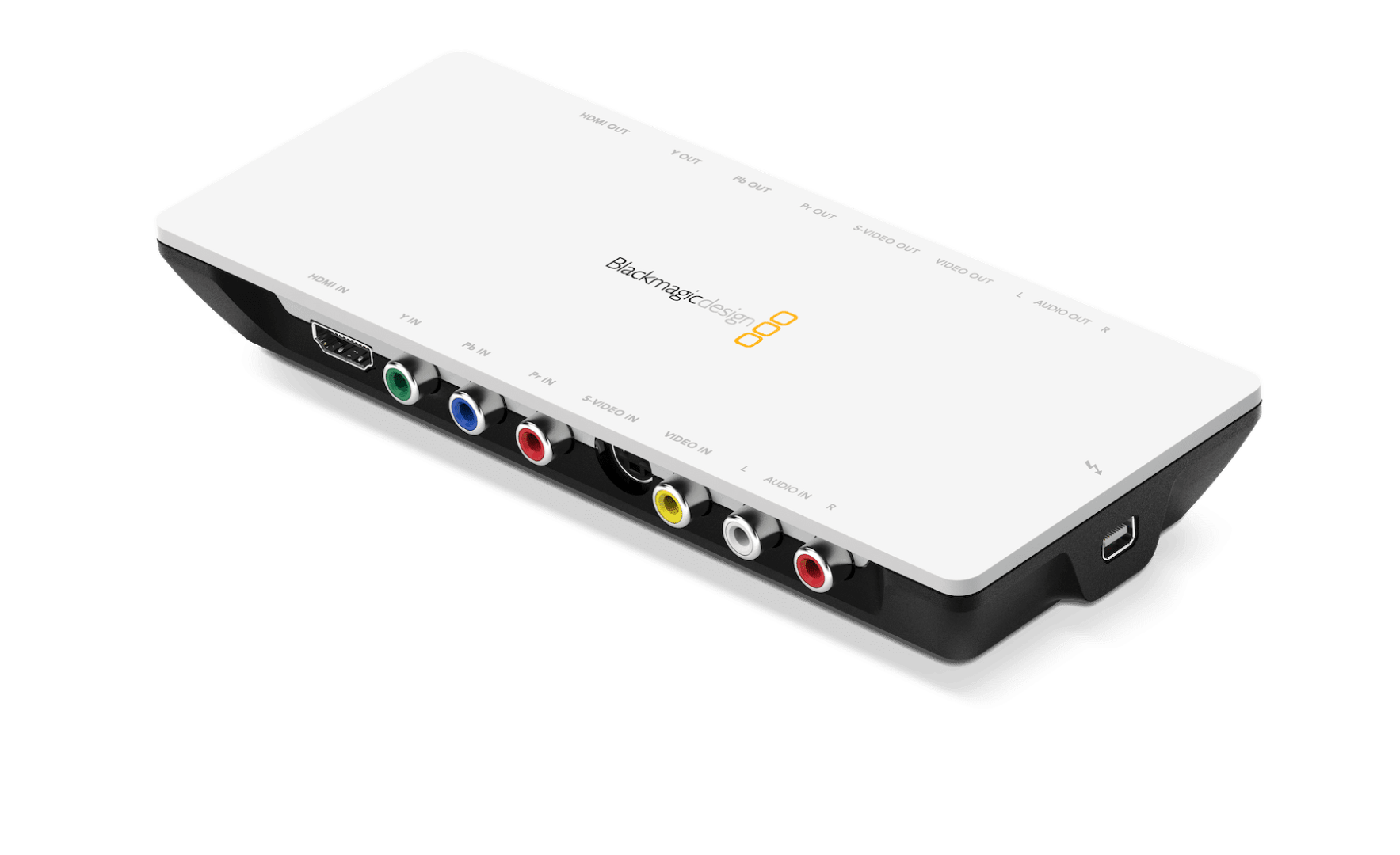 a blackmagic design video capture device with multiple input ports including hdmi and composite connections displayed on a white background digital production A Blackmagic Design video capture device with multiple input ports, including HDMI and composite connections, displayed on a white background.