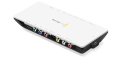 a blackmagic design video capture device with multiple input ports including hdmi and composite connections displayed on a white background digital production A Blackmagic Design video capture device with multiple input ports, including HDMI and composite connections, displayed on a white background.