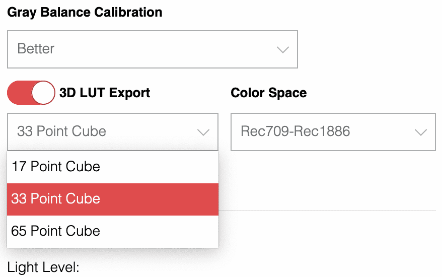 a software interface display showing gray balance calibration settings the options include 3d lut export toggle dropdowns for point cube selections 17 33 65 point cube and color space set to rec709rec1886 along with a light level section digital production A software interface display showing 'Gray Balance Calibration' settings. The options include '3D LUT Export' toggle, dropdowns for 'Point Cube' selections (17, 33, 65 Point Cube) and 'Color Space' set to 'Rec709-Rec1886', along with a 'Light Level' section.