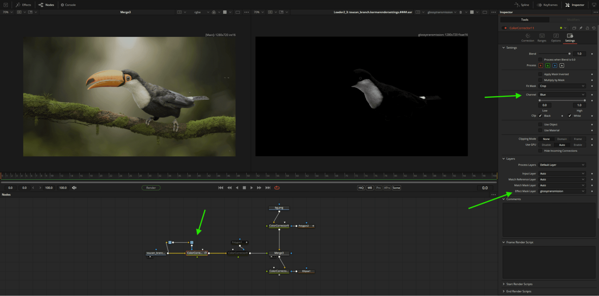 a toucan perched on a mossy branch displayed in a software editing interface digital production A toucan perched on a mossy branch displayed in a software editing interface.
