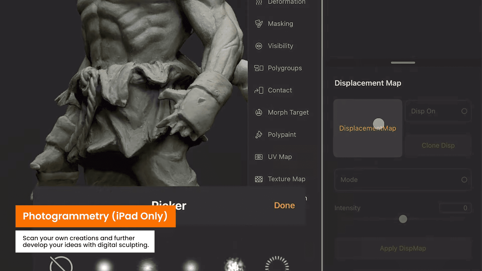 a sculpted figure of a muscular character displayed on a digital editing interface the menu on the left shows options related to photogrammetry and displacement mapping on an ipad the figure has a dramatic pose emphasizing its detailed physique digital production A sculpted figure of a muscular character displayed on a digital editing interface. The menu on the left shows options related to photogrammetry and displacement mapping on an iPad. The figure has a dramatic pose, emphasizing its detailed physique.