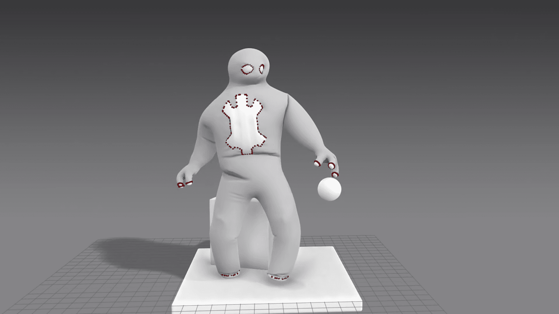 a stylized gray figure standing on a white base holding a small white ball the figure is designed with visible contour lines and has large round eyes enhancing its expressive features digital production A stylized gray figure standing on a white base, holding a small white ball. The figure is designed with visible contour lines and has large round eyes, enhancing its expressive features.