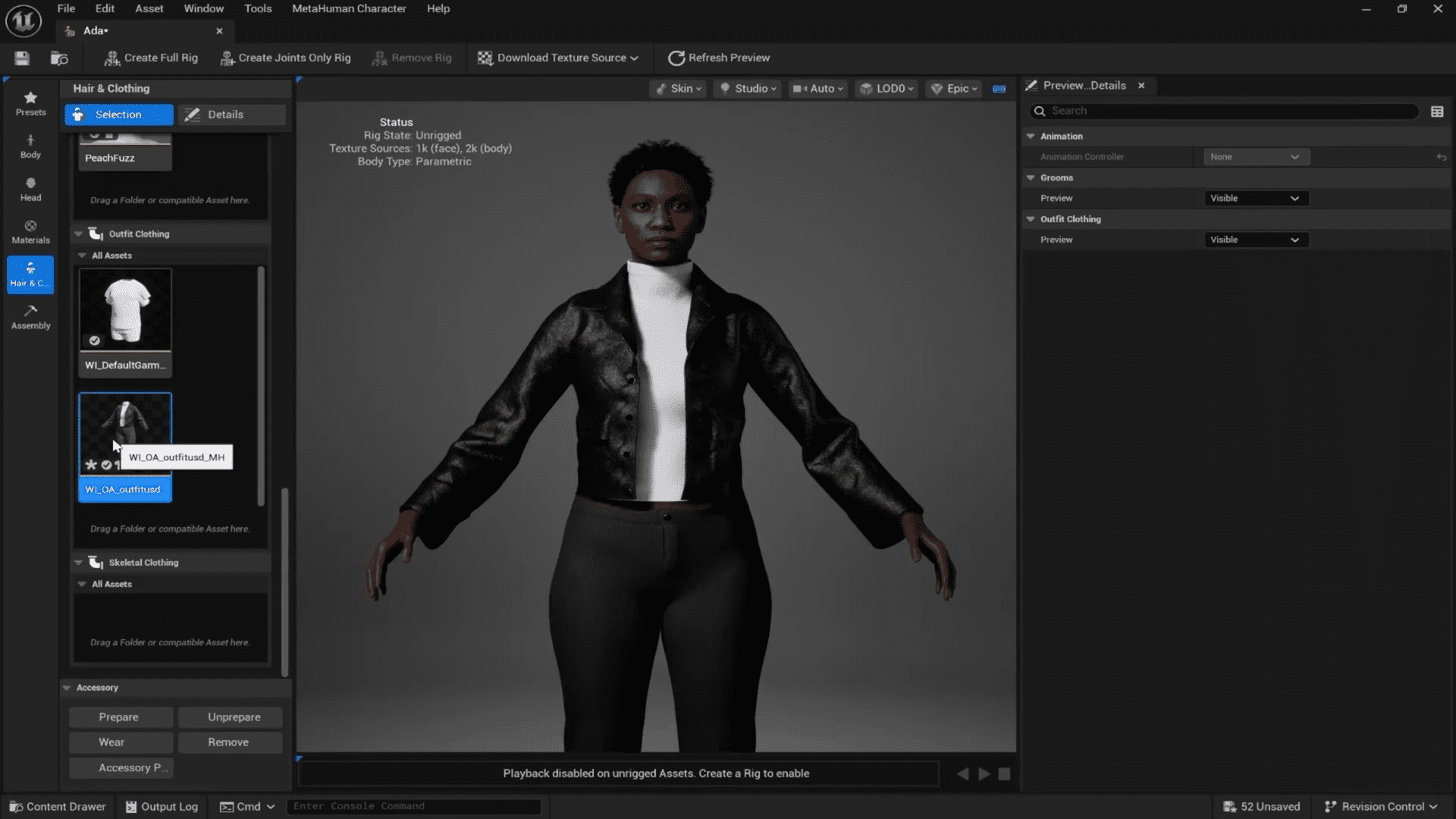 a digital character model displayed in a 3d design software interface wearing a leather jacket and pants with arms outstretched the background is a neutral gray showcasing the character and editing tools on the left and details on the right digital production A digital character model displayed in a 3D design software interface, wearing a leather jacket and pants, with arms outstretched. The background is a neutral gray, showcasing the character and editing tools on the left and details on the right.