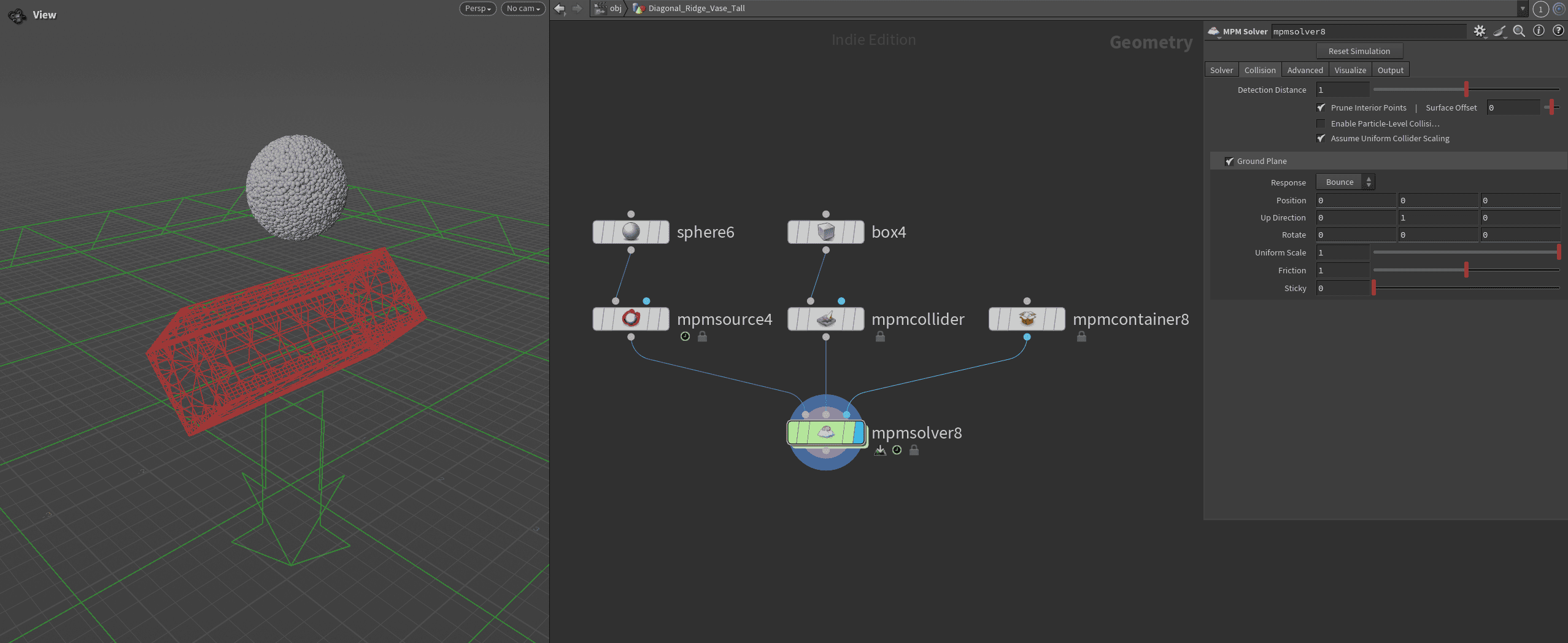 a 3d modeling interface showcasing a geometric scene with a sphere above a red wireframe box on the right a control panel is open displaying attributes related to the geometry including a node network for adjustments digital production A 3D modeling interface showcasing a geometric scene with a sphere above a red wireframe box. On the right, a control panel is open displaying attributes related to the geometry, including a node network for adjustments.