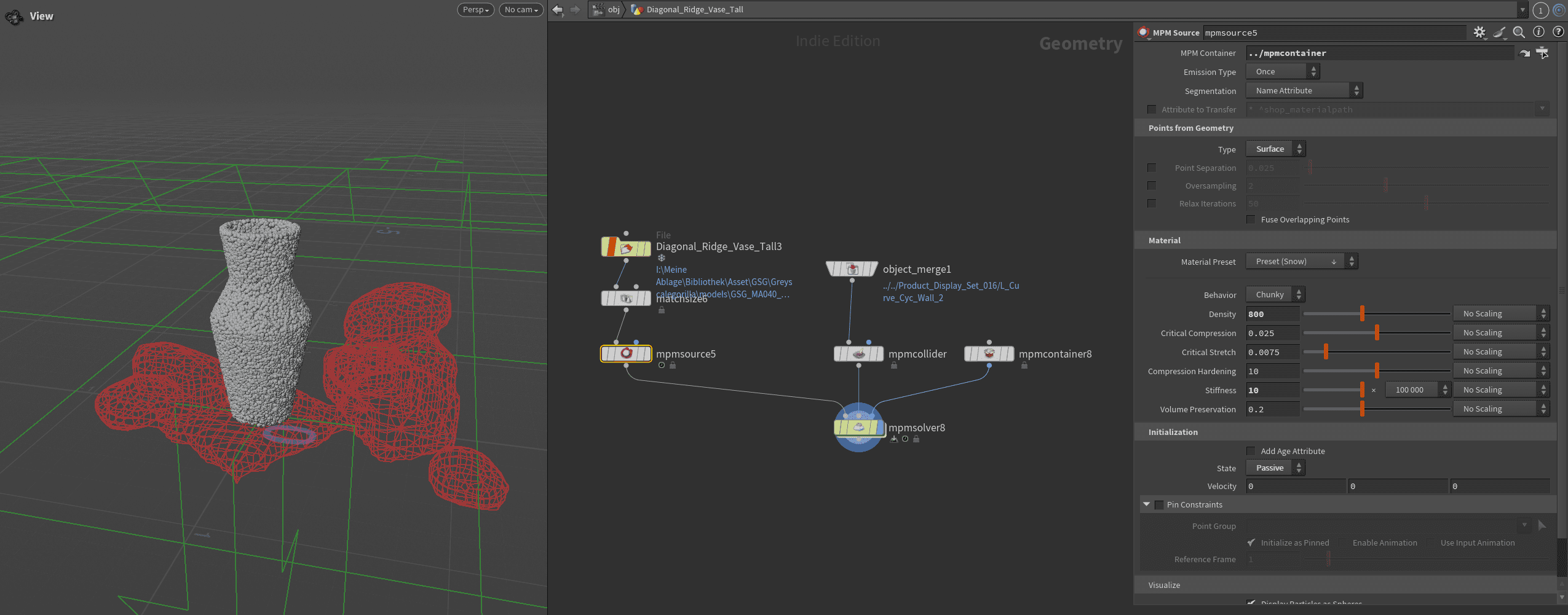 a 3d modeling interface displaying a wireframe vase surrounded by red highlighted objects on a grid background the right panel features nodes for material and geometry settings in a software environment digital production A 3D modeling interface displaying a wireframe vase surrounded by red highlighted objects on a grid background. The right panel features nodes for material and geometry settings in a software environment.