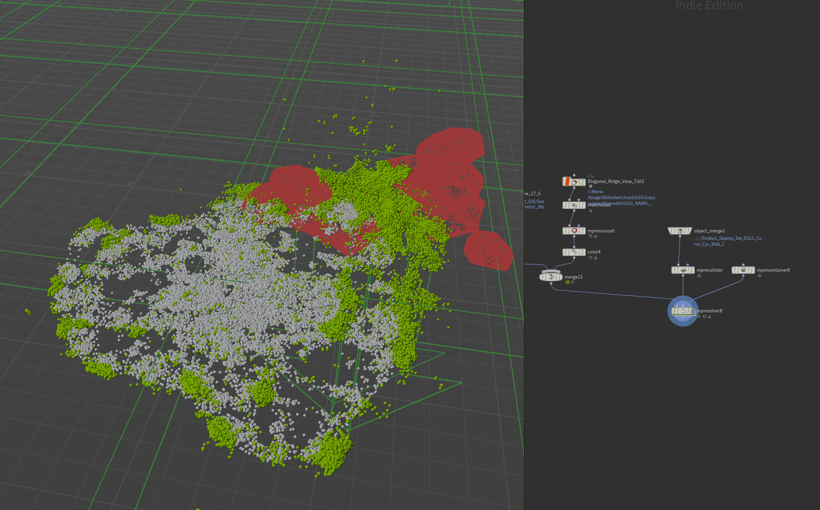 a 3d visualization displaying a cloud of data points in a grid environment the data points are primarily in grey with clusters of bright green and red indicating distinct areas a sidebar on the right shows a flow chart with labeled nodes providing additional context digital production A 3D visualization displaying a cloud of data points in a grid environment. The data points are primarily in grey, with clusters of bright green and red, indicating distinct areas. A sidebar on the right shows a flow chart with labeled nodes, providing additional context.