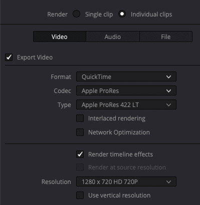video export settings interface showing options for format codec type interlaced rendering network optimization and resolution selected options include quicktime format apple prores codec and 1280 x 720 resolution digital production Video export settings interface showing options for format, codec, type, interlaced rendering, network optimization, and resolution. Selected options include QuickTime format, Apple ProRes codec, and 1280 x 720 resolution.