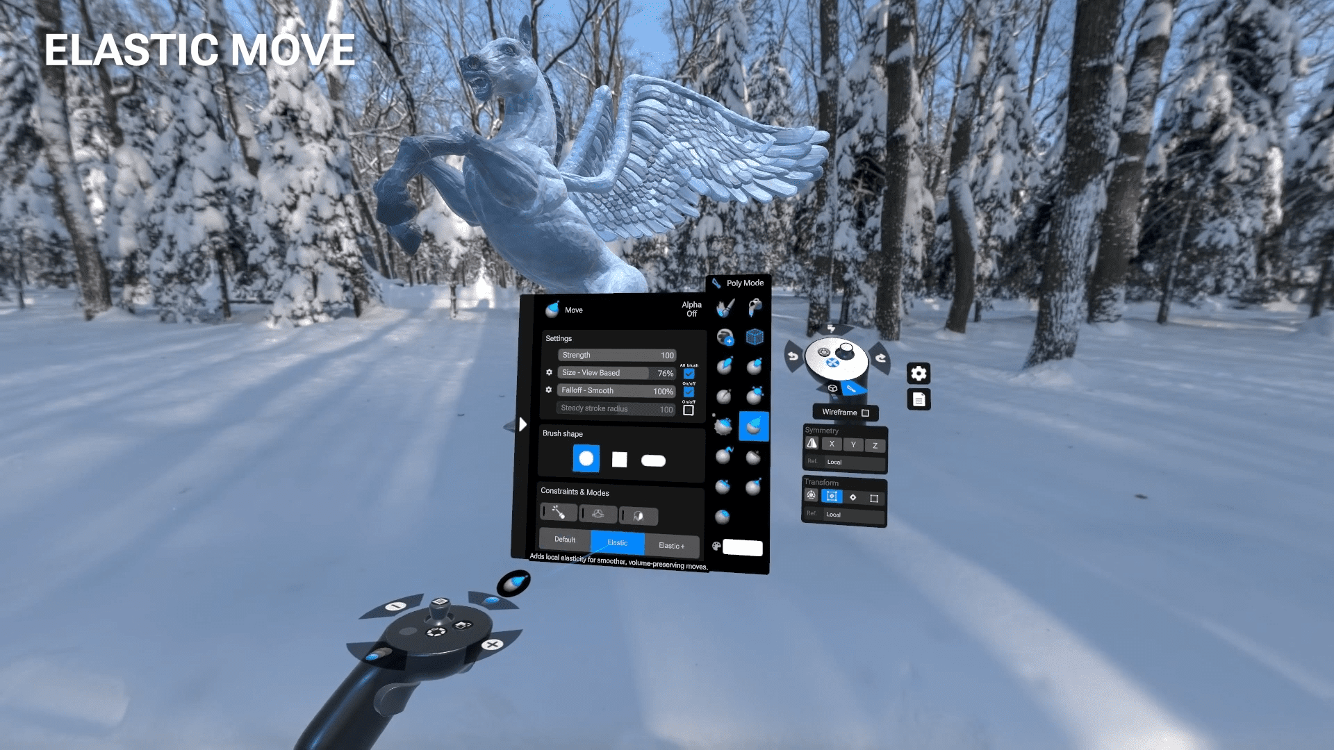 a virtual reality scene featuring a snowy forest in the foreground there is a control panel for an application with various settings options a translucent feathered horse sculpture is visible amidst the trees surrounded by a serene winter landscape digital production A virtual reality scene featuring a snowy forest. In the foreground, there is a control panel for an application with various settings options. A translucent feathered horse sculpture is visible amidst the trees, surrounded by a serene winter landscape.