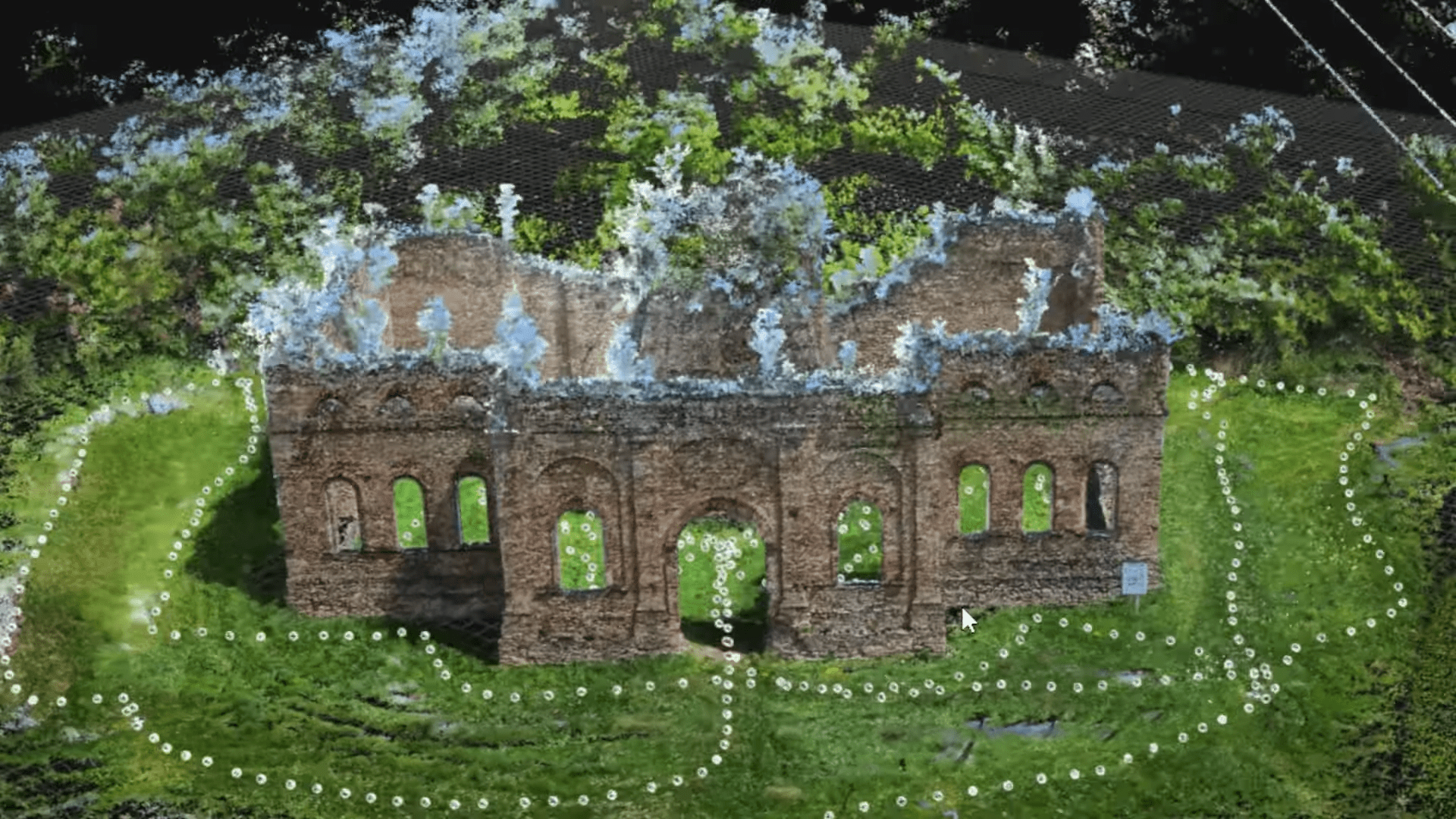 aerial view of a historic stone building partially covered in greenery surrounded by a circular path dotted with white markers showcasing a blend of nature and architecture digital production Aerial view of a historic stone building partially covered in greenery, surrounded by a circular path dotted with white markers, showcasing a blend of nature and architecture.