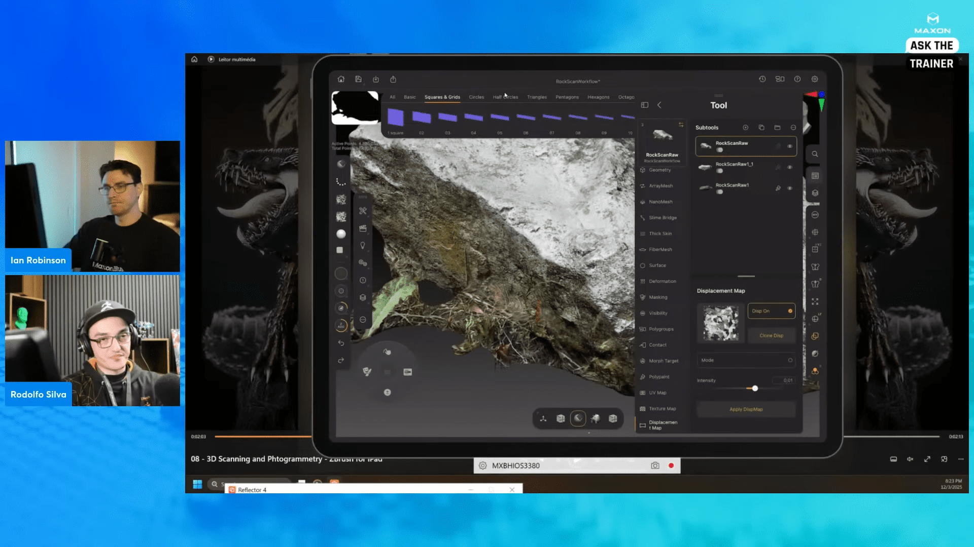 two men participate in an online training session discussing 3d scanning and photogrammetry one is speaking in front of a screen showing digital editing tools while the other is attentively listening both seated at desks digital production Two men participate in an online training session, discussing 3D scanning and photogrammetry. One is speaking in front of a screen showing digital editing tools, while the other is attentively listening, both seated at desks.