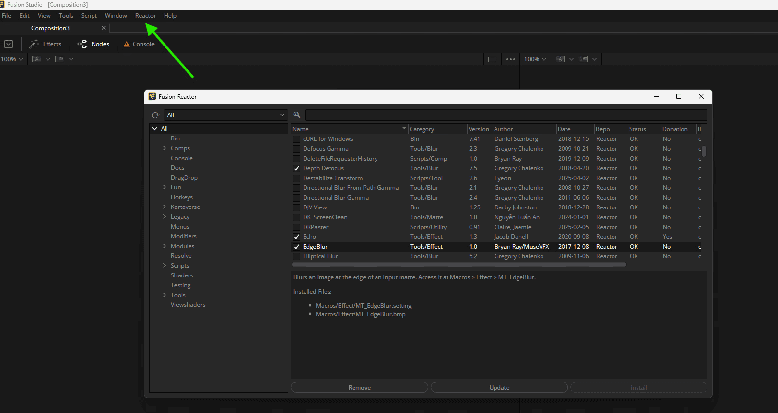 software interface displaying reactor plugins digital production Software interface displaying reactor plugins