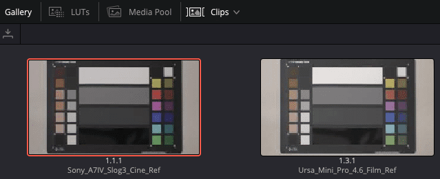 two color calibration charts displayed in a video editing software interface the left chart is labeled sonya7ivslog3cineref and the right one is labeled ursaminipro46filmref both charts feature a variety of color swatches digital production Two color calibration charts displayed in a video editing software interface. The left chart is labeled 'Sony_A7IV_Slog3_Cine_Ref' and the right one is labeled 'Ursa_Mini_Pro_4.6_Film_Ref.' Both charts feature a variety of color swatches.