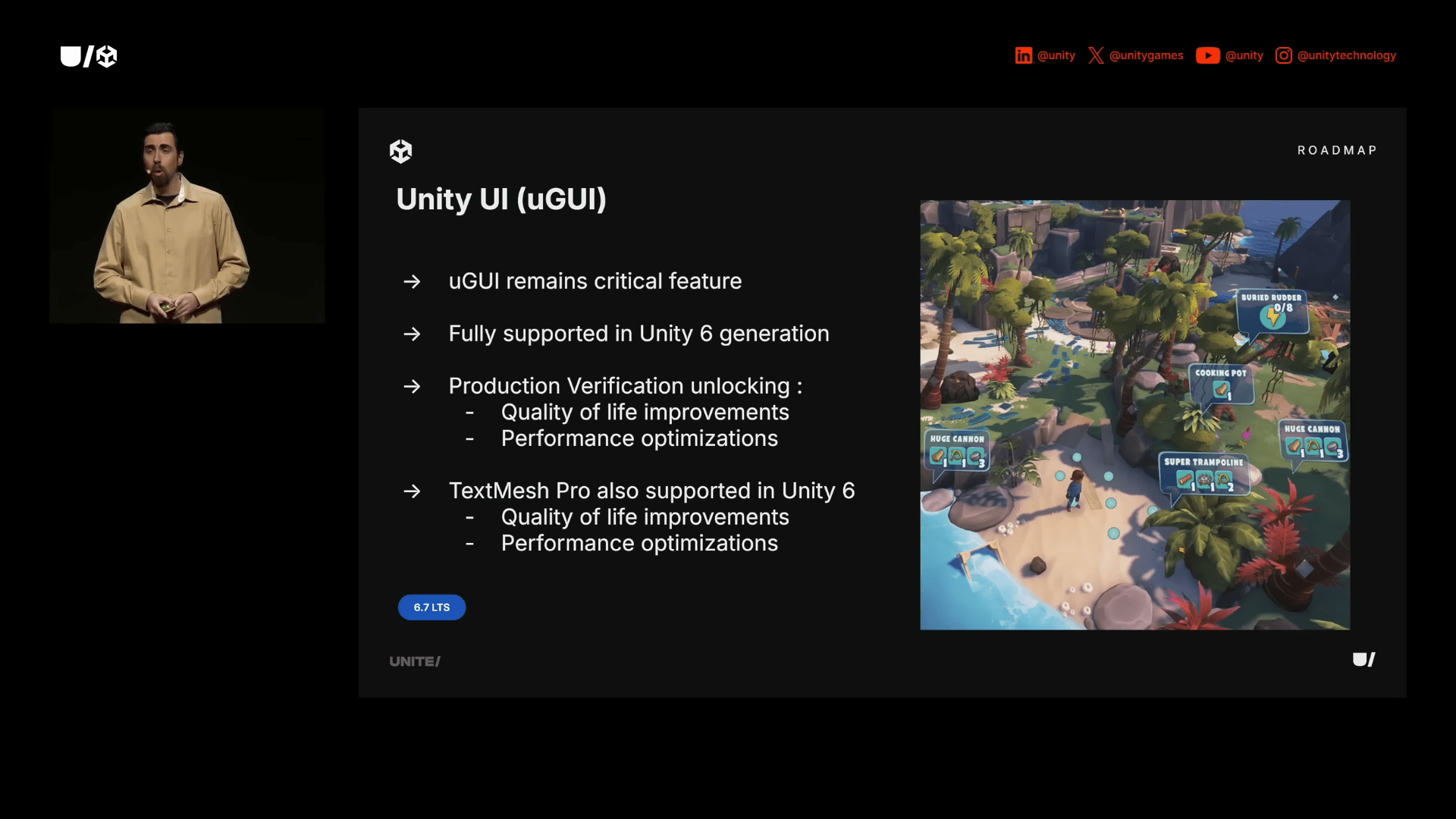 a speaker in a beige shirt presents on stage with a slide titled unity ui ugui on a screen the slide outlines key features including production verification and performance optimizations alongside a visual of a vibrant game environment digital production A speaker in a beige shirt presents on stage, with a slide titled 'Unity UI (uGUI)' on a screen. The slide outlines key features, including production verification and performance optimizations, alongside a visual of a vibrant game environment.