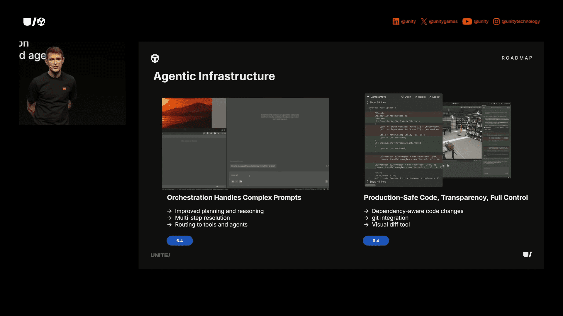 a speaker in a black shirt stands next to a digital presentation screen displaying information about agentic infrastructure the slide outlines features such as orchestration handles complex prompts and productionsafe code transparency full control with visuals of code and graphical interfaces digital production A speaker in a black shirt stands next to a digital presentation screen displaying information about 'Agentic Infrastructure.' The slide outlines features such as 'Orchestration Handles Complex Prompts’ and ‘Production-Safe Code, Transparency, Full Control,' with visuals of code and graphical interfaces.