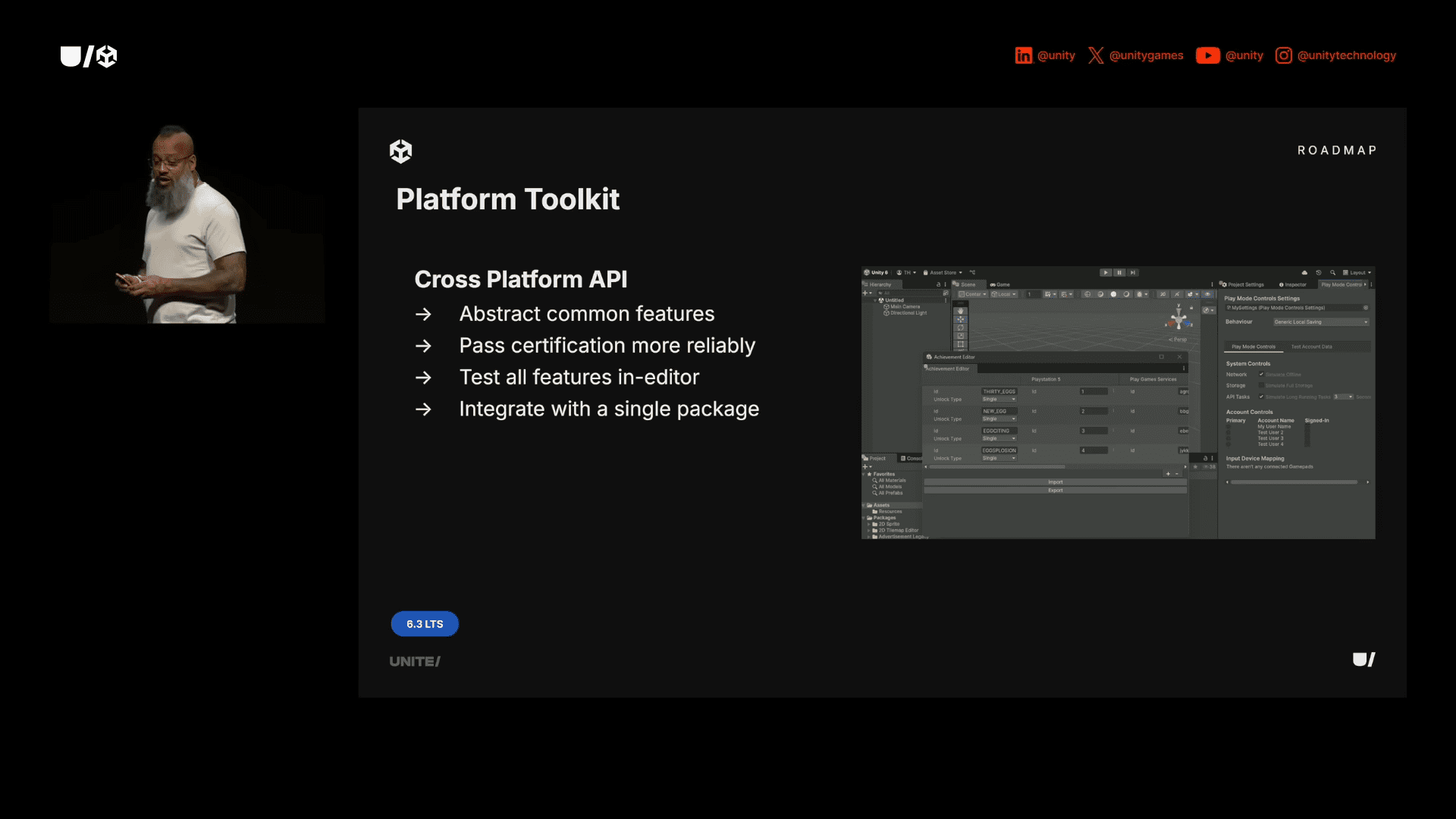 a speaker presenting on stage at a conference with a digital screen behind displaying a platform toolkit roadmap the screen lists features like cross platform api and integration details emphasizing development tools digital production A speaker presenting on stage at a conference, with a digital screen behind displaying a 'Platform Toolkit' roadmap. The screen lists features like 'Cross Platform API' and integration details, emphasizing development tools.