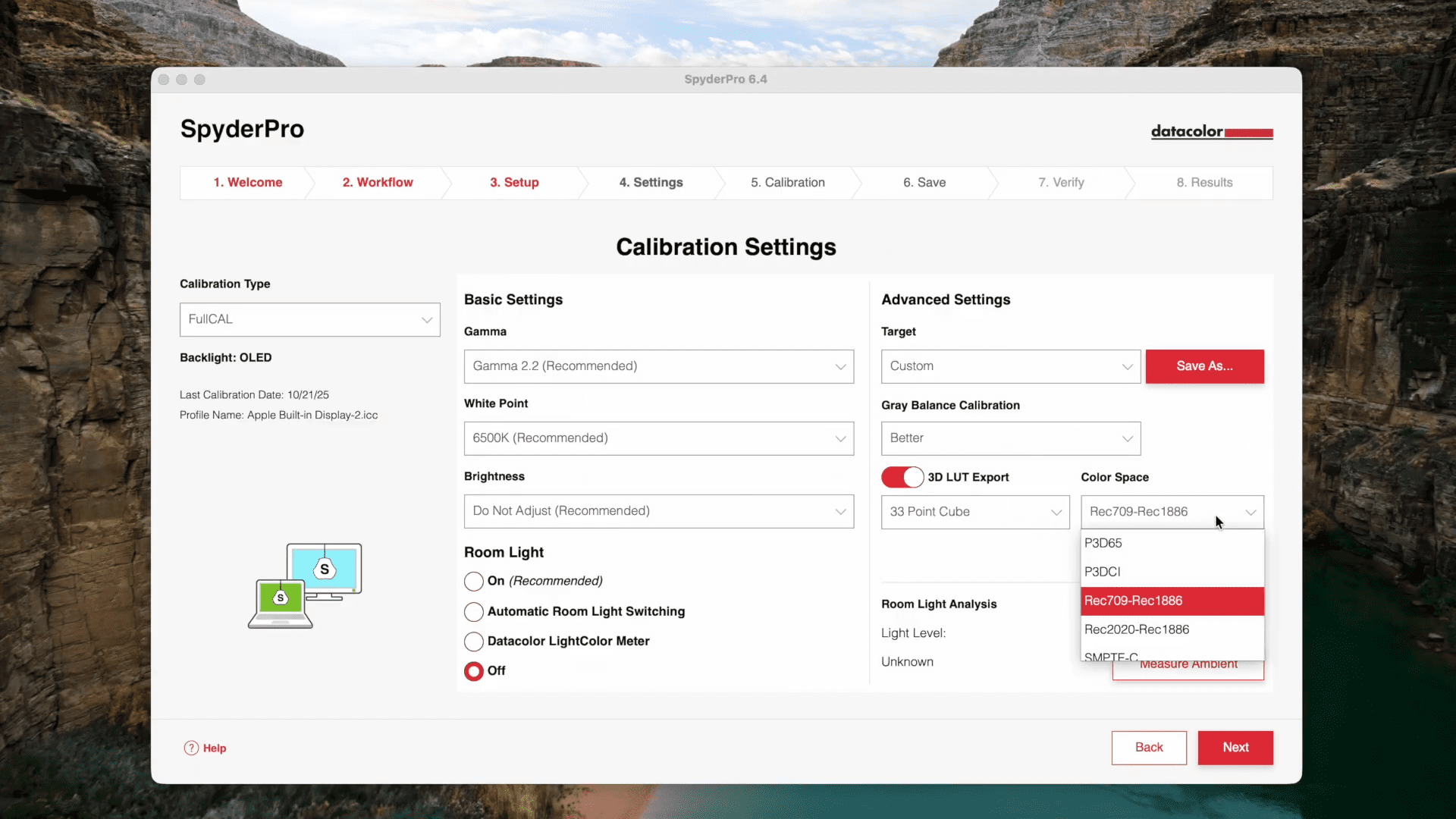 calibration settings interface from spyderpro software displayed on a computer screen features options for gamma brightness color space and advanced settings the background shows a scenic view of a canyon digital production Calibration settings interface from SpyderPro software displayed on a computer screen. Features options for gamma, brightness, color space, and advanced settings. The background shows a scenic view of a canyon.
