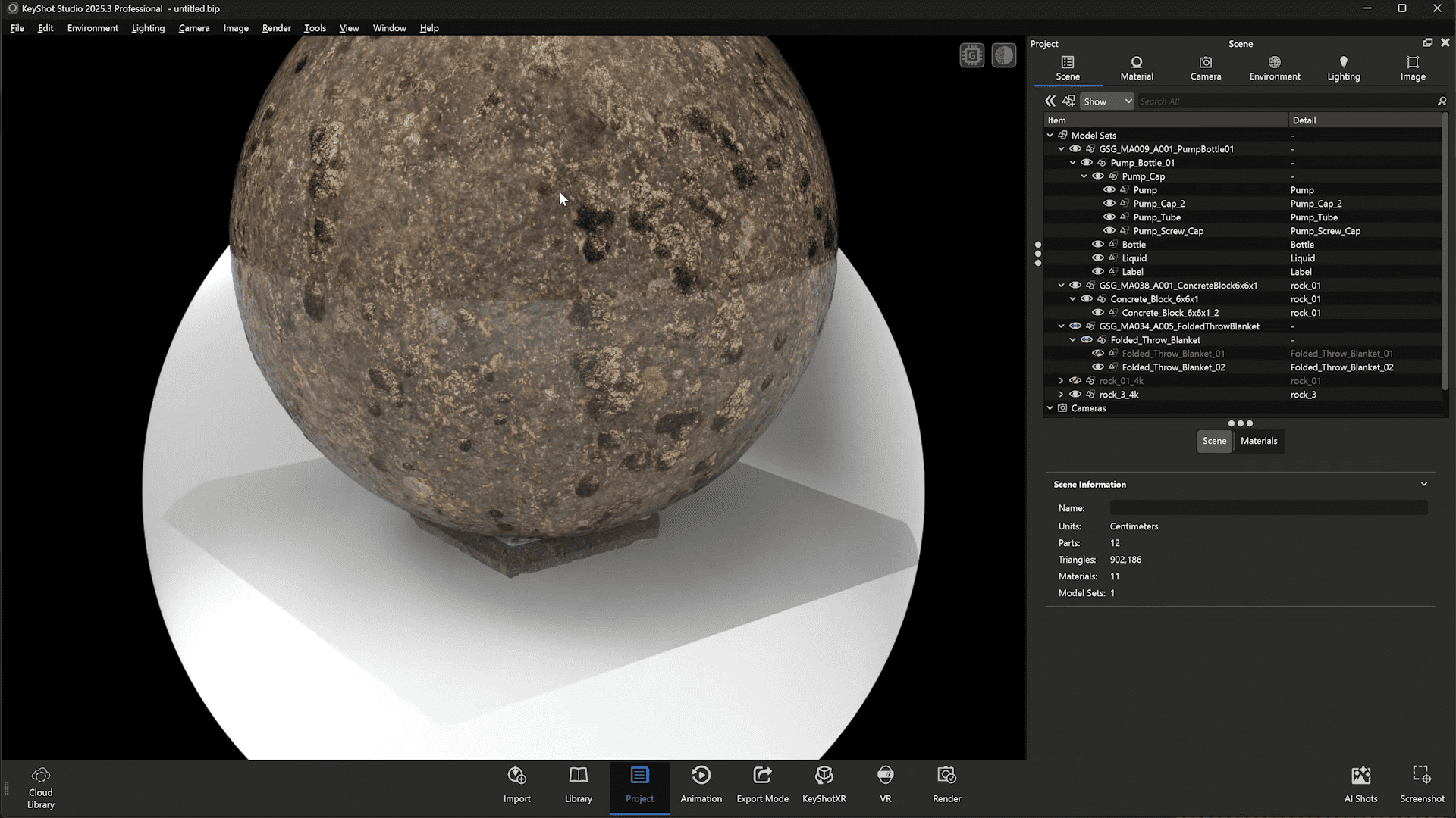 a virtual 3d model of a textured sphere resting on a flat surface displayed in a software interface the sphere features a rugged dirtlike texture with visible imperfections the surrounding interface includes project details and rendering tools digital production A virtual 3D model of a textured sphere resting on a flat surface, displayed in a software interface. The sphere features a rugged, dirt-like texture, with visible imperfections. The surrounding interface includes project details and rendering tools.