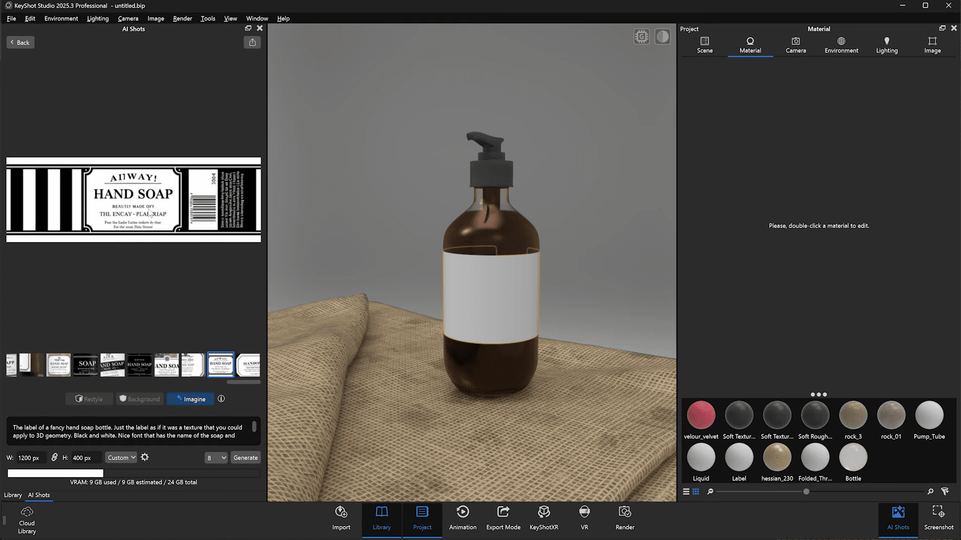 a brown glass bottle with a black pump lid on a textured beige surface the bottle features a blank white label and the background is a soft gray tools and materials are visible in the editing interface on the left digital production A brown glass bottle with a black pump lid on a textured beige surface. The bottle features a blank white label, and the background is a soft gray. Tools and materials are visible in the editing interface on the left.