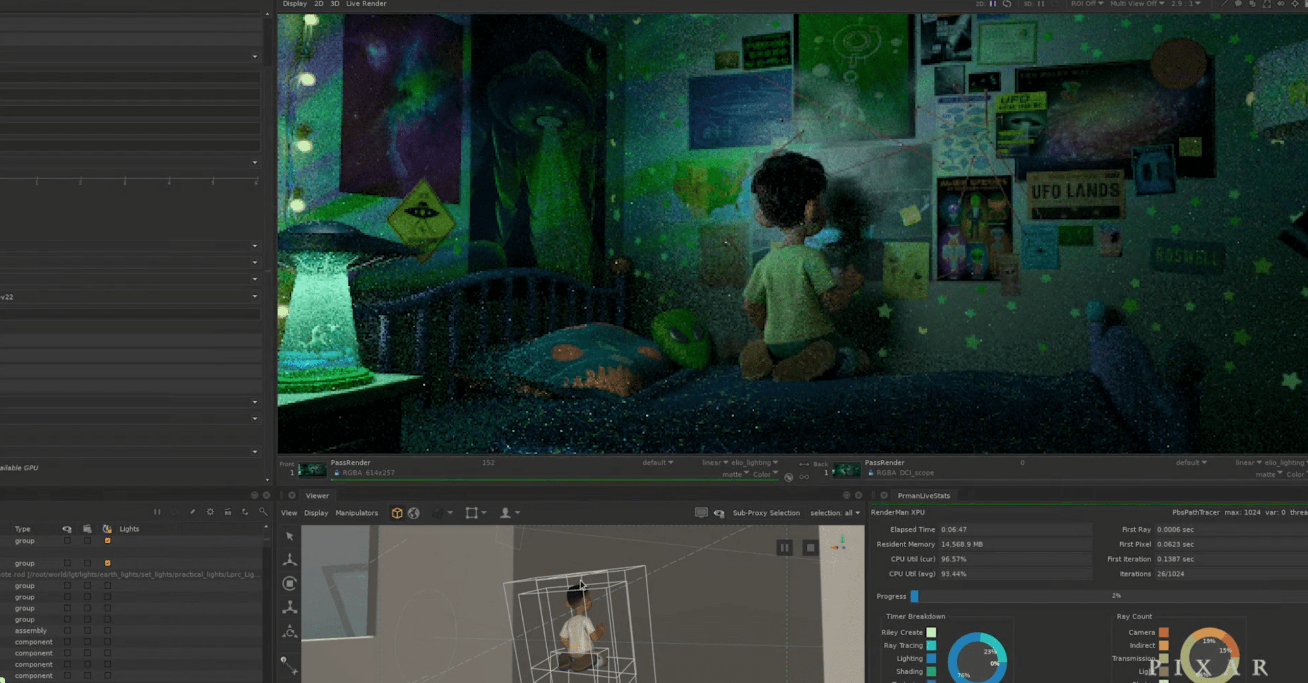 a young child in a green shirt sitting on a bed surrounded by stars projected on the walls the room features posters of ufos and other scifi themes illuminated by a glowing green lamp digital production A young child in a green shirt sitting on a bed, surrounded by stars projected on the walls. The room features posters of UFOs and other sci-fi themes, illuminated by a glowing green lamp.
