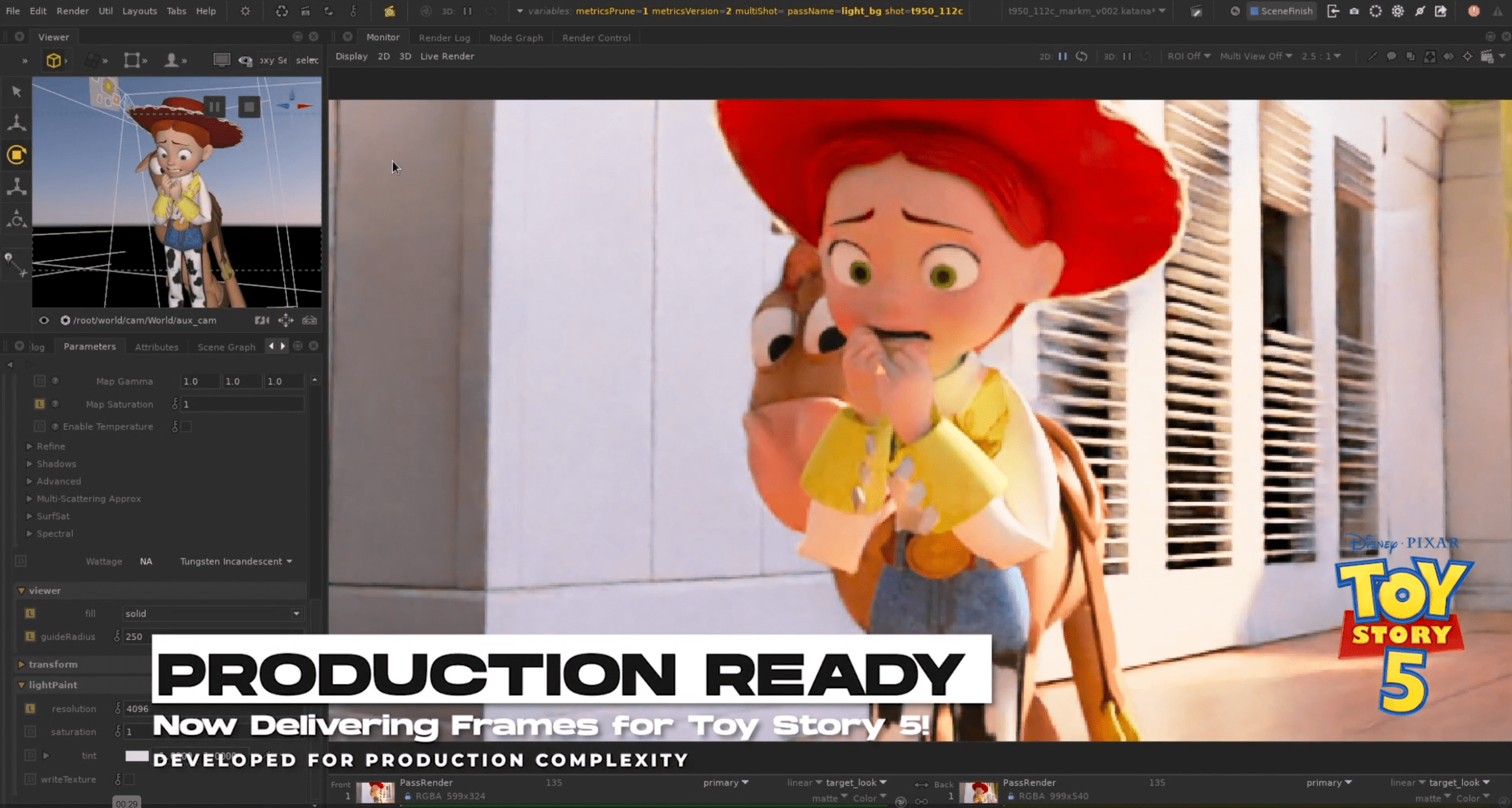 a digital rendering from toy story 5 featuring a character with a red hat and orange hair holding a toy horse and looking concerned the image screen includes a caption stating production ready and mentions delivering frames digital production A digital rendering from Toy Story 5 featuring a character with a red hat and orange hair, holding a toy horse and looking concerned. The image screen includes a caption stating "PRODUCTION READY" and mentions delivering frames.