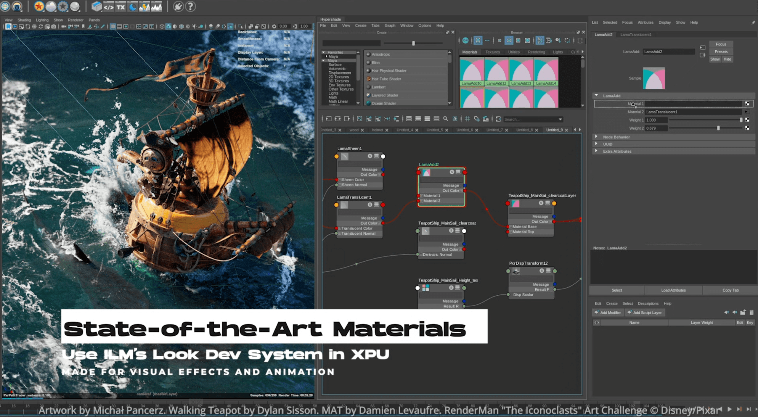 a digital artwork featuring a pirate ship sailing on turbulent waters in the foreground a user interface shows a nodebased material editor highlighting a look development system for visual effects and animation digital production A digital artwork featuring a pirate ship sailing on turbulent waters. In the foreground, a user interface shows a node-based material editor, highlighting a look development system for visual effects and animation.