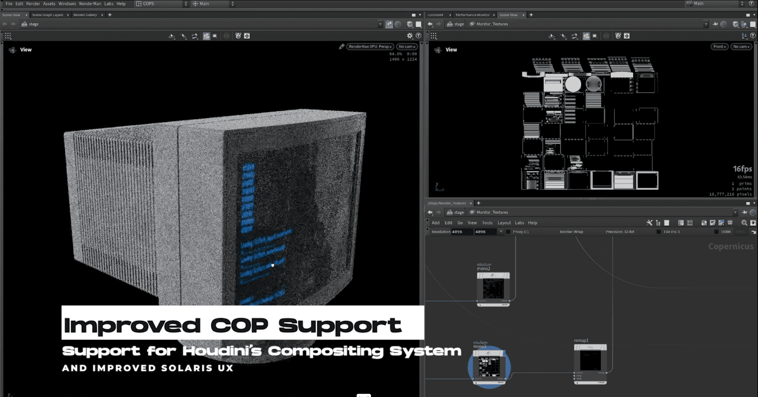 a digital workspace featuring a 3d render of a computer with a textured surface displaying blue text on its side in the background two screens show detailed user interface elements related to houdinis compositing system and an improved solaris user experience digital production A digital workspace featuring a 3D render of a computer with a textured surface, displaying blue text on its side. In the background, two screens show detailed user interface elements related to Houdini's compositing system and an improved Solaris user experience.