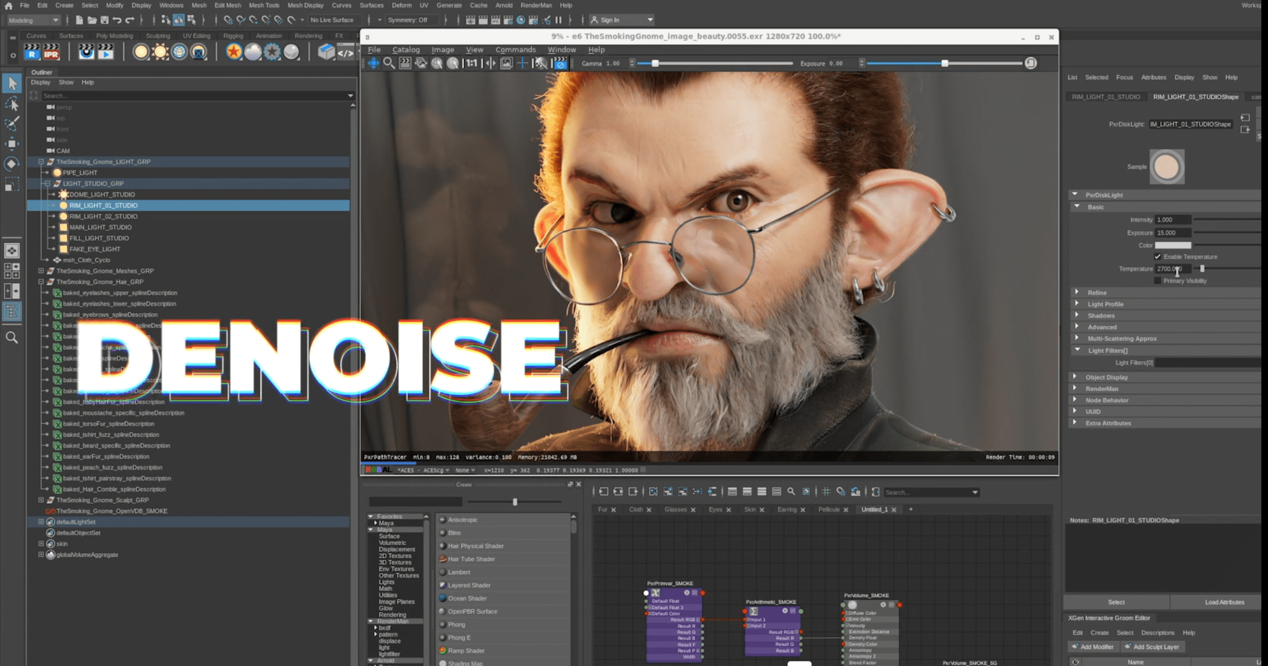 a digital image featuring a closeup of a male character with glasses and a beard holding a pipe the background shows software interface elements with various options including a prominently displayed denoise label indicating a graphic design or modeling process digital production A digital image featuring a close-up of a male character with glasses and a beard, holding a pipe. The background shows software interface elements with various options, including a prominently displayed "DENOISE" label, indicating a graphic design or modeling process.