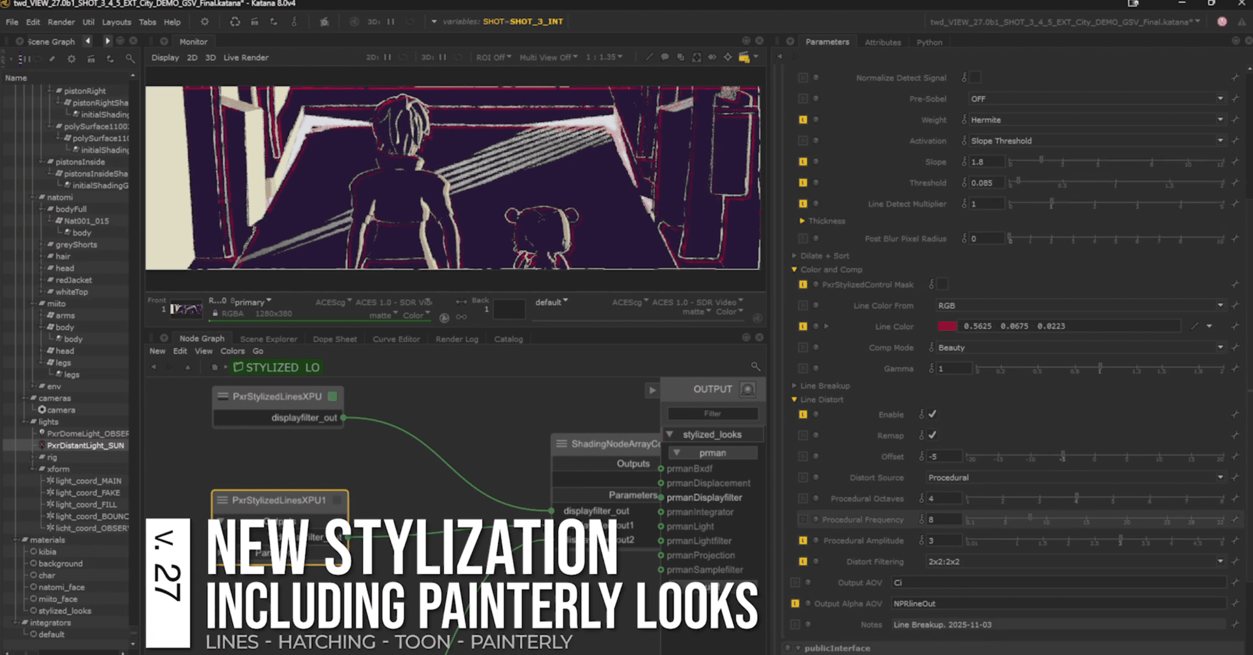 a computer screen displaying a graphic design software interface the screen shows a stylized graphic of a person and a bear with lines and hatching effects along with text describing new stylization options various editing tools and parameters are visible digital production A computer screen displaying a graphic design software interface. The screen shows a stylized graphic of a person and a bear, with lines and hatching effects, along with text describing new stylization options. Various editing tools and parameters are visible.