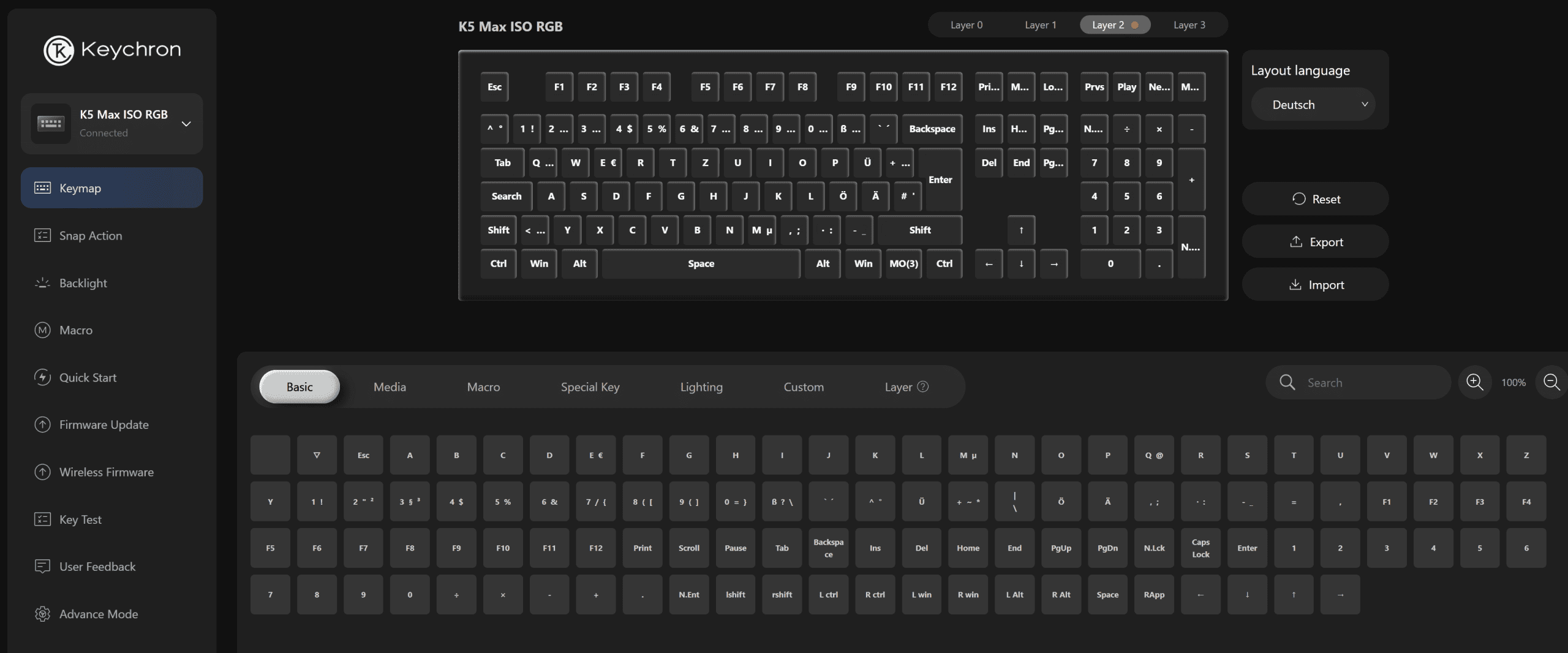 a darkthemed keyboard configuration interface for a keychron k3 mini rgb keyboard the top section shows the keyboard layout with highlighted keys while the bottom section features options for media macros special keys and lighting settings digital production A dark-themed keyboard configuration interface for a Keychron K3 Mini RGB keyboard. The top section shows the keyboard layout with highlighted keys, while the bottom section features options for media, macros, special keys, and lighting settings.