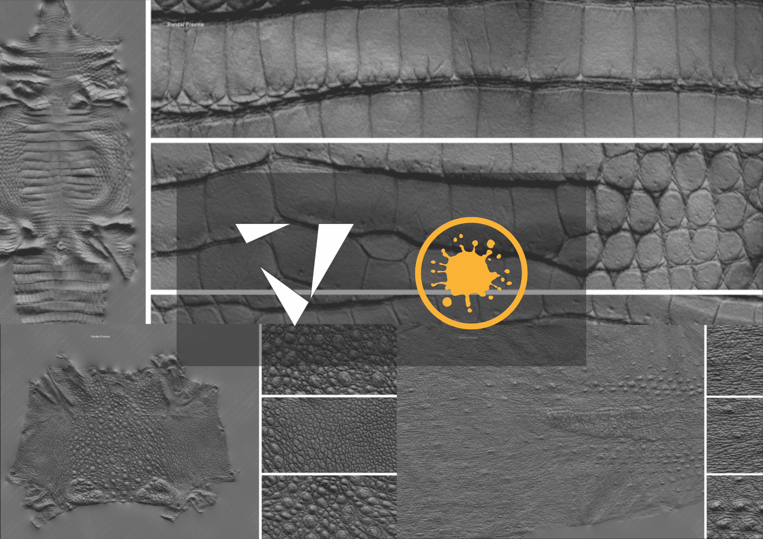 a collage of various textured surfaces resembling crocodile skin in grayscale featuring smooth and rough patterns overlaid are geometric shapes including a triangle and a circular design with a splash graphic creating a modern and artistic effect digital production A collage of various textured surfaces resembling crocodile skin in grayscale, featuring smooth and rough patterns. Overlaid are geometric shapes including a triangle and a circular design with a splash graphic, creating a modern and artistic effect.
