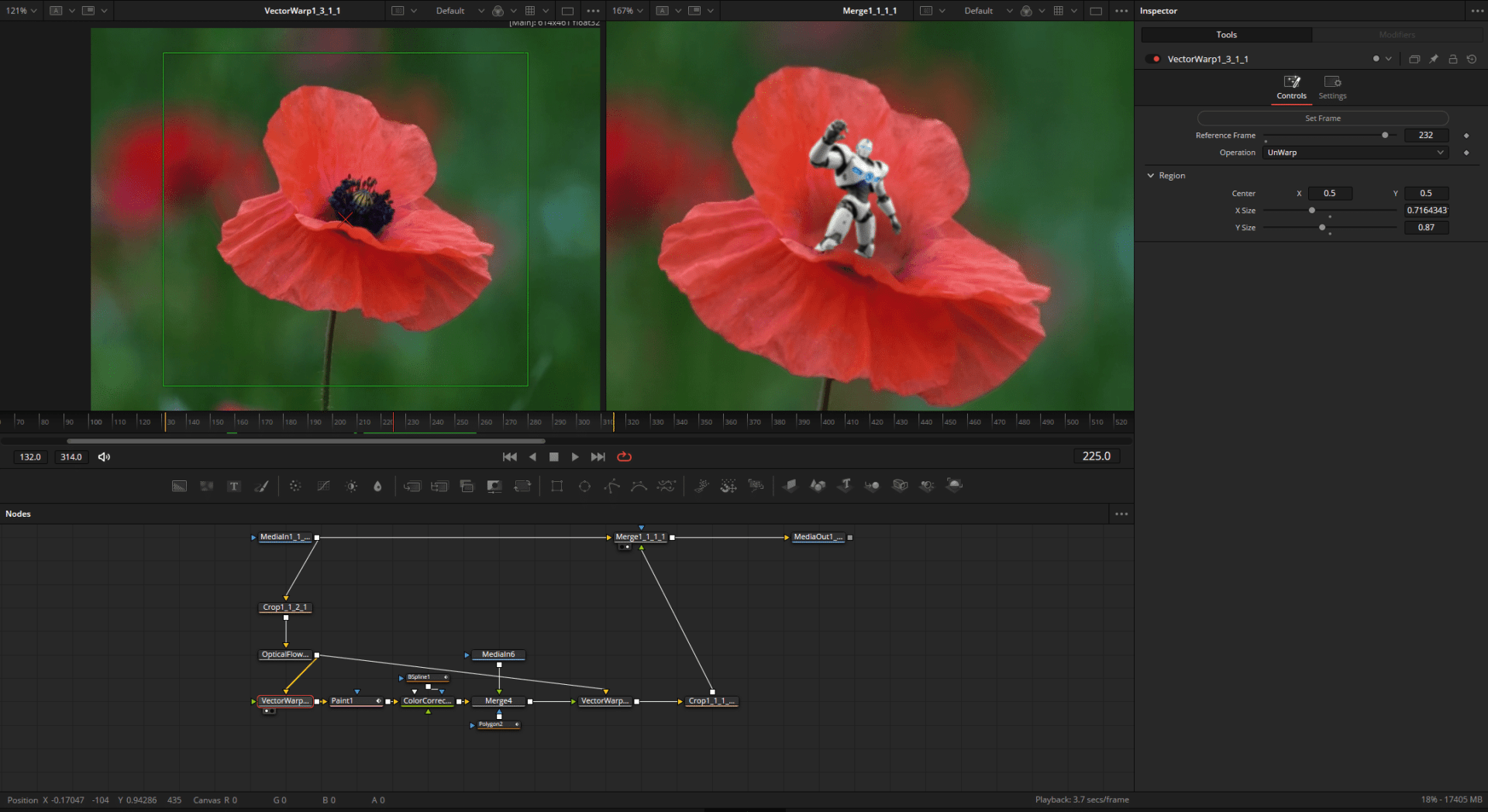 two images of a red poppy flower one showing the flower alone and the other with a small figurine on it digital production Two images of a red poppy flower, one showing the flower alone and the other with a small figurine on it.