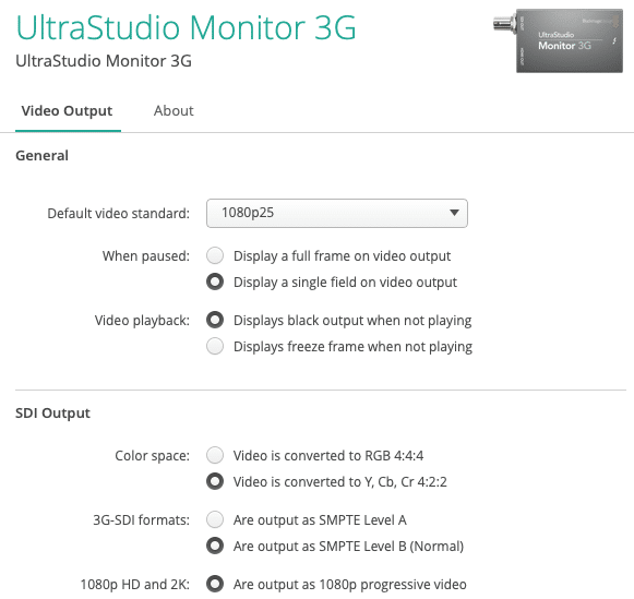 screenshot of the ultrastudio monitor 3g video output settings displaying options for default video standard output behavior when paused video playback settings and sdi output configurations including color space and formats digital production Screenshot of the UltraStudio Monitor 3G video output settings, displaying options for default video standard, output behavior when paused, video playback settings, and SDI output configurations including color space and formats.