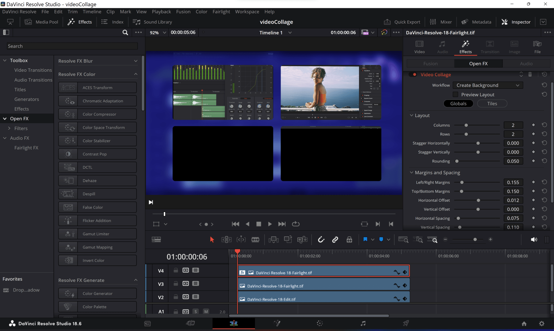 videocollage digital production Mit dem Effekt Video Collage können tatsächlich schnell Kollagen mit mehreren Bild- und Video-Elementen erstellt werden. Die Clips unter dem Raster werden einzeln positioniert und mittels „Cropping“ so beschnitten, dass die jeweiligen Ausschnitte „passen“.